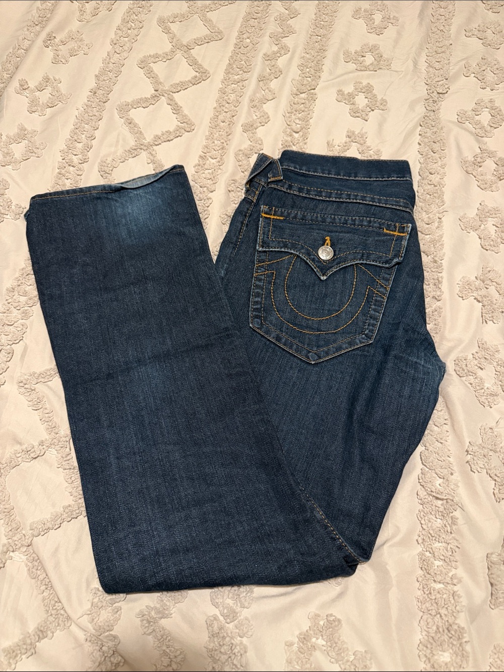 True Religion Men's Straight Dark Blue Jeans with Signature Pocket Stitching